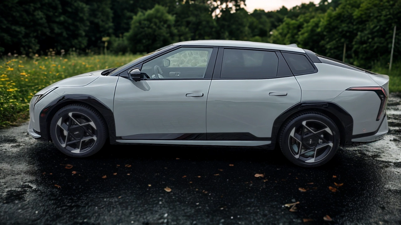 De 2026 Kia EV4 fastback toont zijn gestroomlijnde aerodynamische profiel en 19-inch wielen op nat wegdek met natuurlijke omgeving