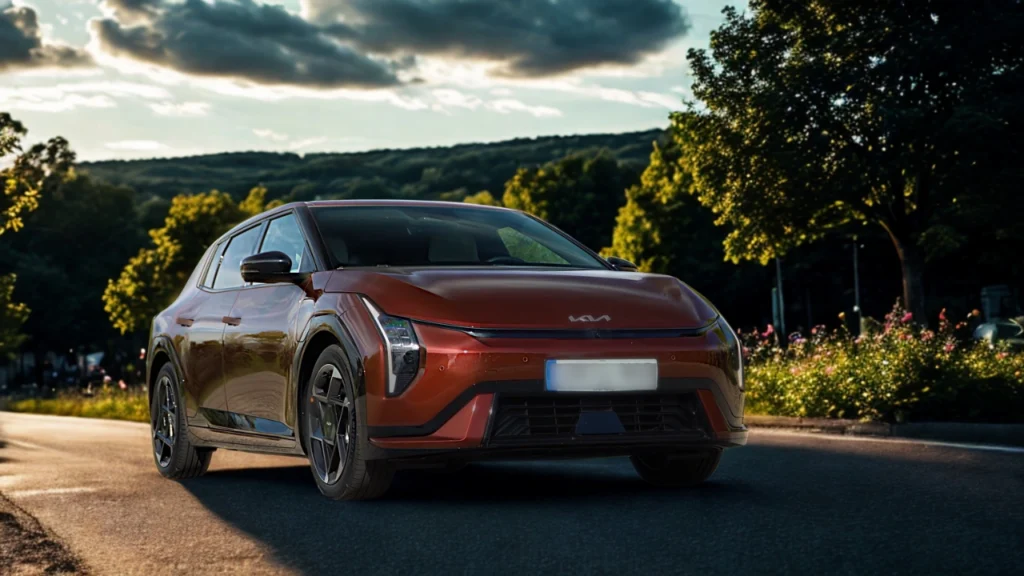 De 2026 Kia EV4 GT-Line toont zijn moderne elektrische crossover-ontwerp met gedurfde uitstraling en aerodynamisch profiel
