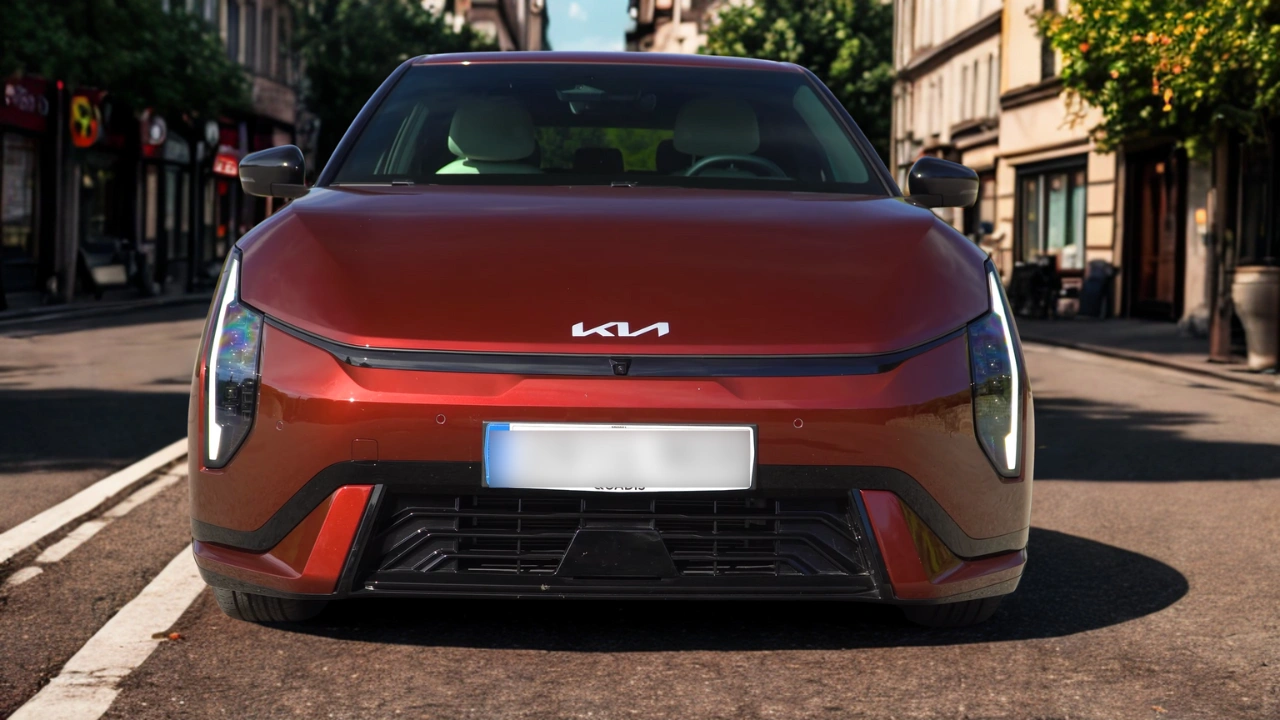 De 2026 Kia EV4 GT-Line toont zijn kenmerkende frontontwerp met verticale LED-koplampen en gestroomlijnde Magma Red exterieur op een stadsstraat