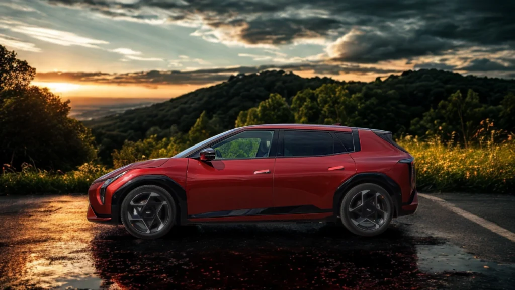 De 2026 Kia EV4 GT-Line in Magma Red toont zijn elegante fastback silhouet tegen een schilderachtige bergachtergrond tijdens het gouden uur