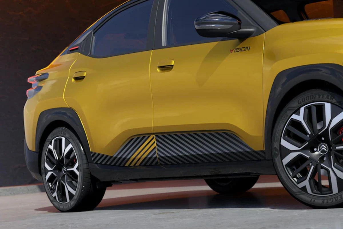 Citroën Basalt Vision Zijdetail met Vision-Badge en Diagonale Graphics