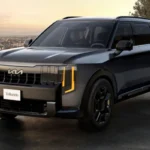 Kia Telluride 2027 Vooraanzicht Drie-Kwart in Donkergrijze