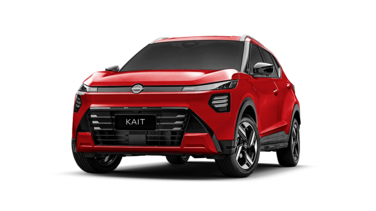 Nissan Kait 2025 Rood Voorkant Driekwart Hoek Studio Aanzicht