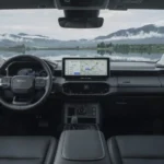Dashboard-interieur van de 2026 Toyota Hilux BEV met 12,3-inch centraal touchscreen, digitaal instrumentarium en lederen stoelen.