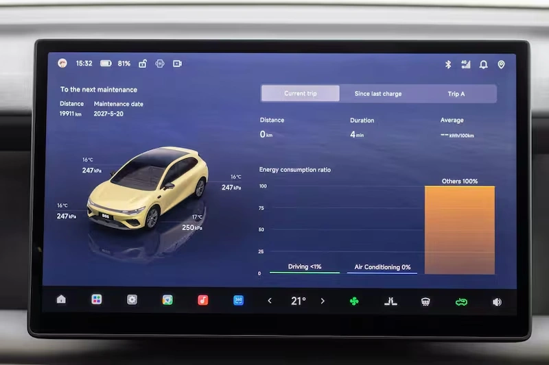 2026 Leapmotor B05 – 14,6-inch Infotainmentscherm met Rit- en Energiegegevens