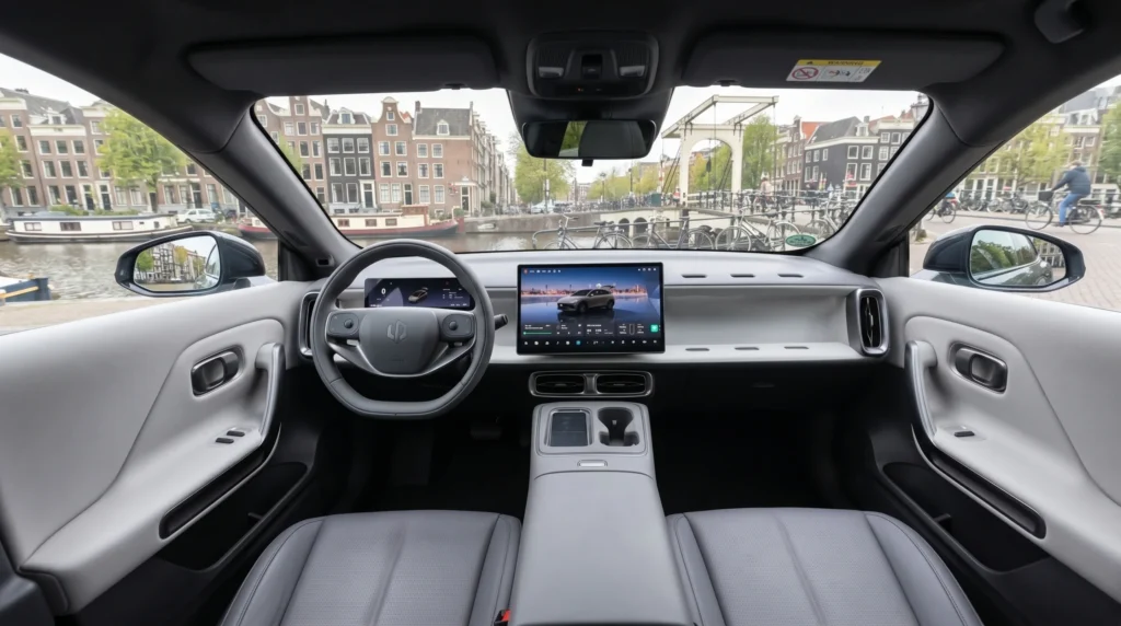 2026 Leapmotor B05 – Volledig Interieuroverzicht Passagierskant met Actief Infotainment