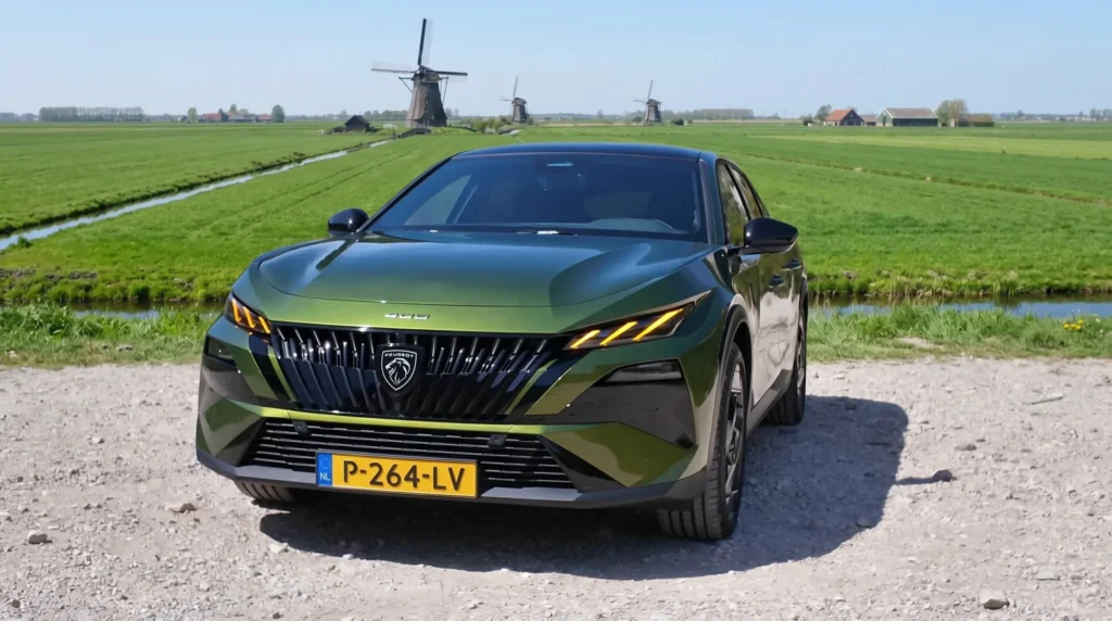 Recht vooraanzicht van de groene 2026 Peugeot 408 met molens op de achtergrond.