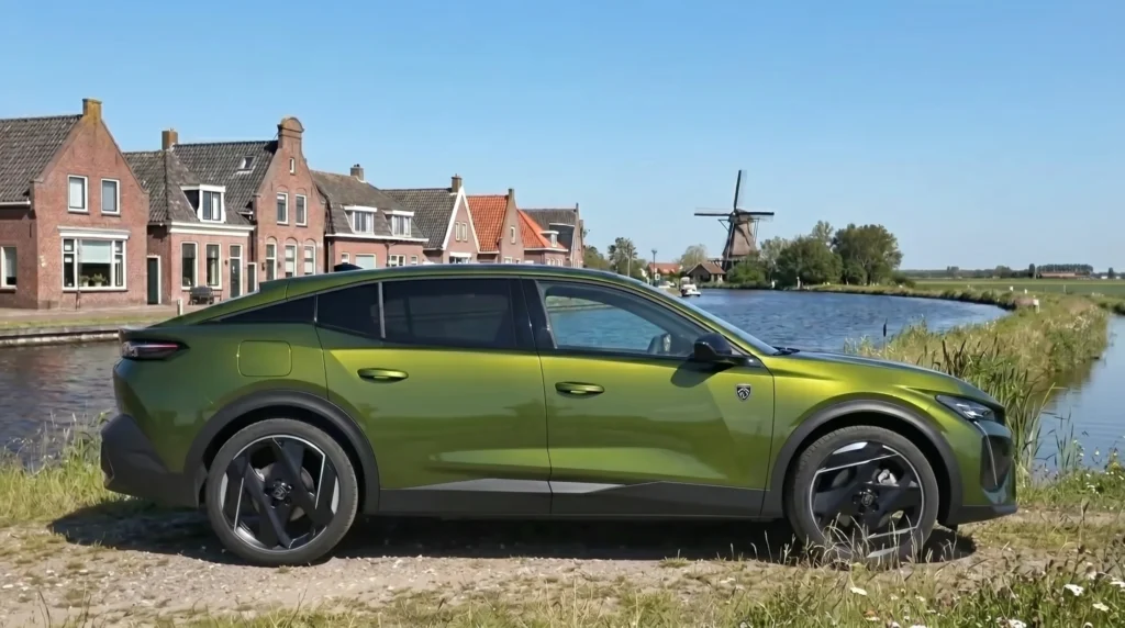 Zijaanzicht van de groene 2026 Peugeot 408 bij een kanaal met Hollandse huizen.