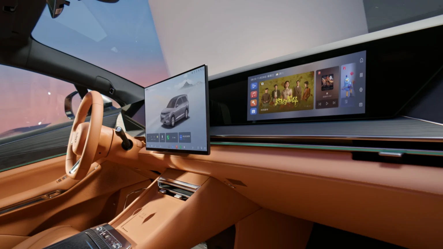Close-up van BYD Great Tang dashboard met bestuurdersscherm, centraal infotainmentscherm en passagiersscherm.