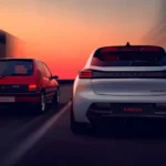 Achteraanzicht van de witte Peugeot e-208 GTi die naast de klassieke rode Peugeot 205 GTi rijdt bij zonsondergang.